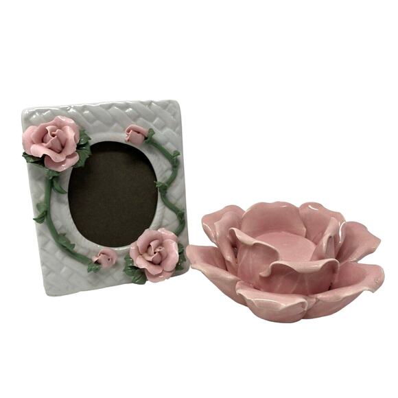 Memorial Rose Frame and Tea Candle Holder Set Ceramic Vintage - Picture 1 of 9